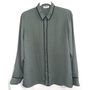 Express Shirt Hidden Button Up Long Sleeve Olive Green Black Women’s Size Large